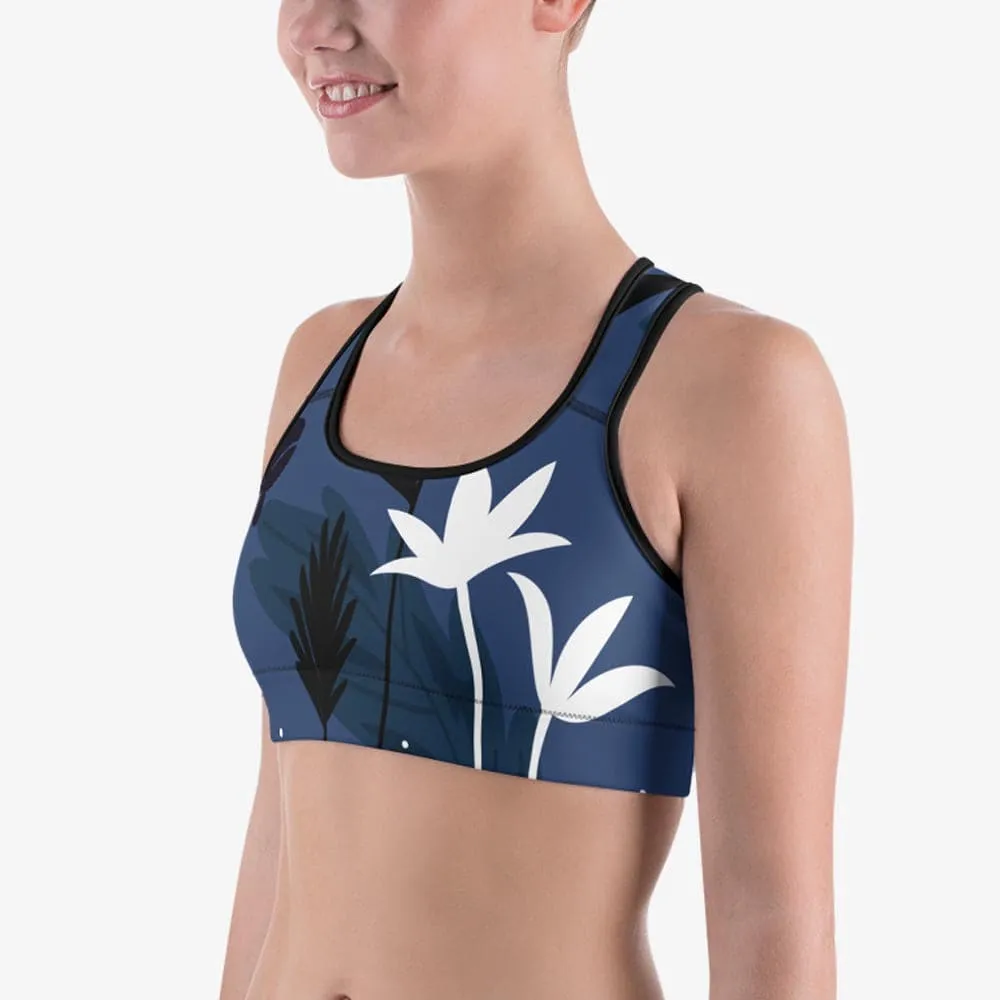 Floral Sports Bra "Night Garden" Blue/White