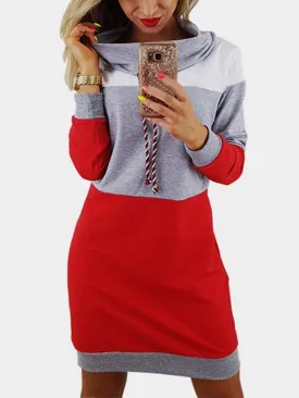 Grey Polo Neck With Drawstring Stitching Design Pullover Dress