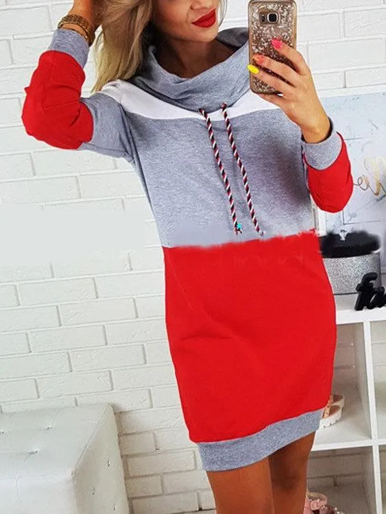 Grey Polo Neck With Drawstring Stitching Design Pullover Dress