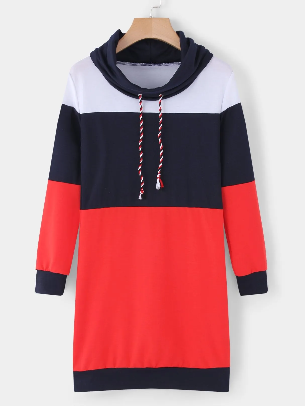 Grey Polo Neck With Drawstring Stitching Design Pullover Dress