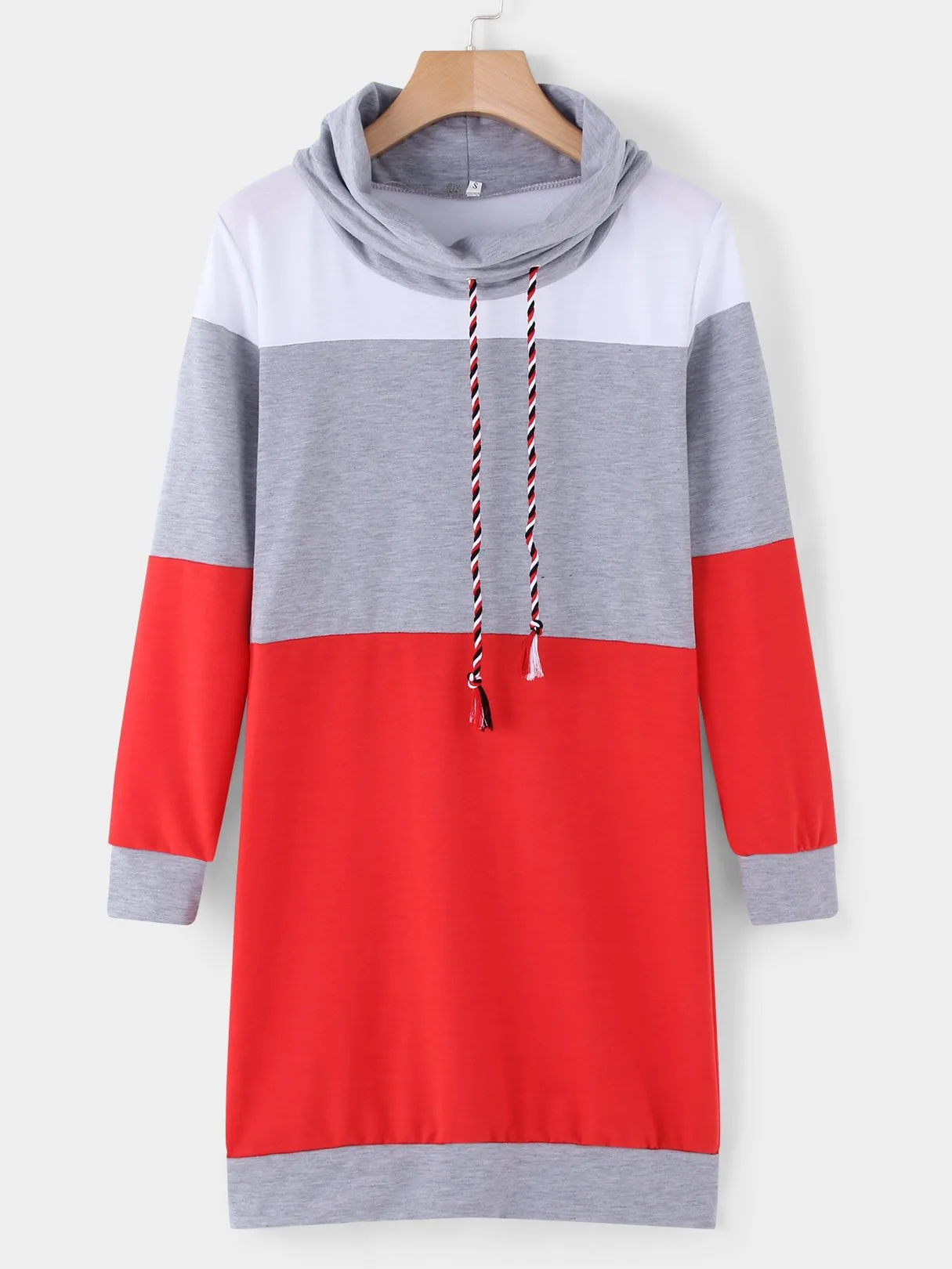 Grey Polo Neck With Drawstring Stitching Design Pullover Dress