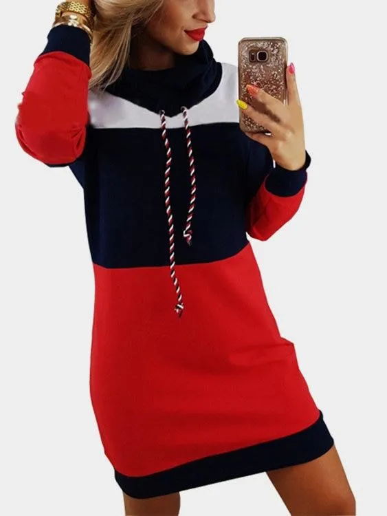 Grey Polo Neck With Drawstring Stitching Design Pullover Dress