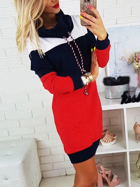 Grey Polo Neck With Drawstring Stitching Design Pullover Dress