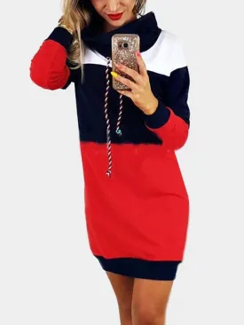 Navy Polo Neck With Drawstring Stitching Design Pullover Dress