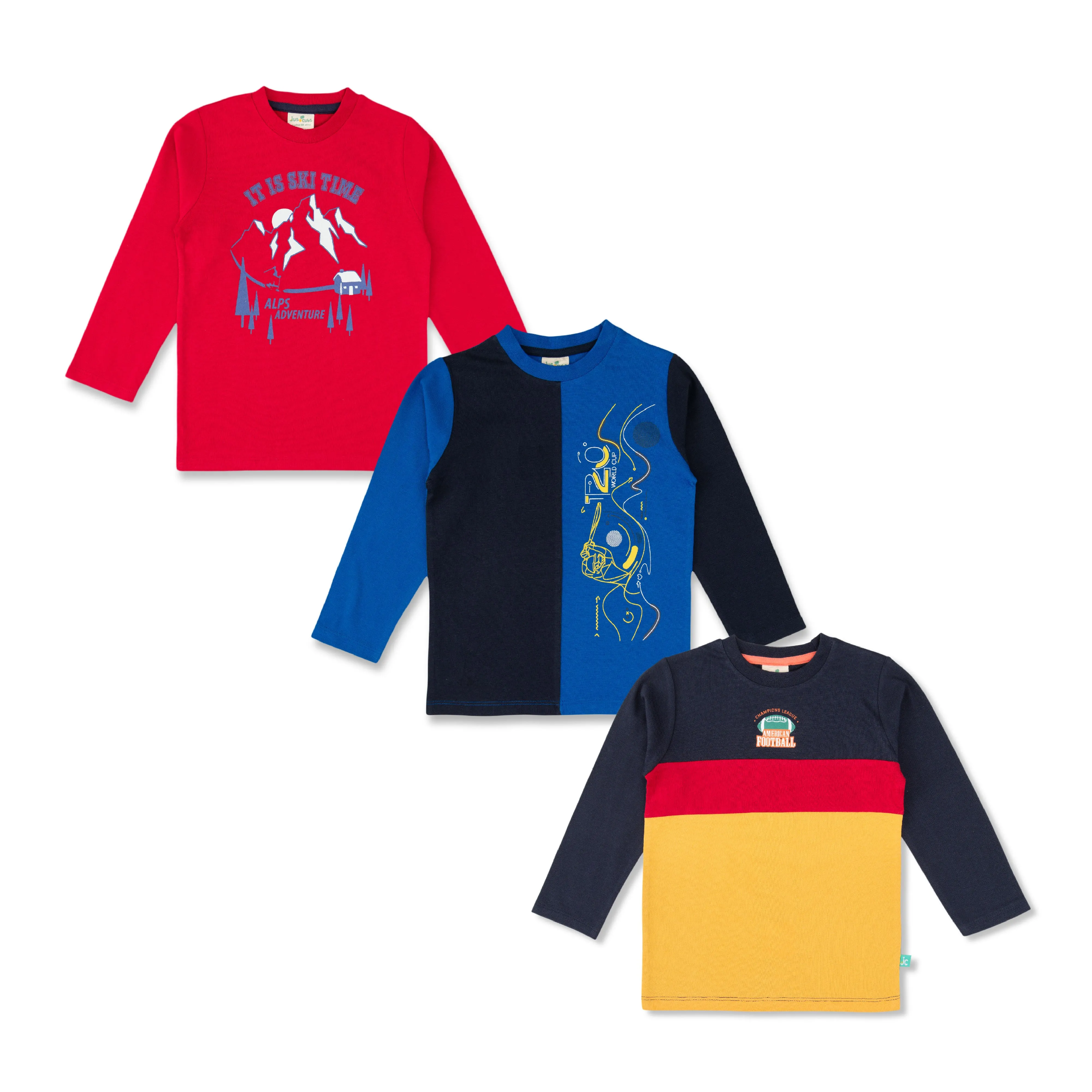 "Boys' Full Sleeve T-Shirt Combo Pack of 3 (Ski, Sports, and Colorblock Designs)"