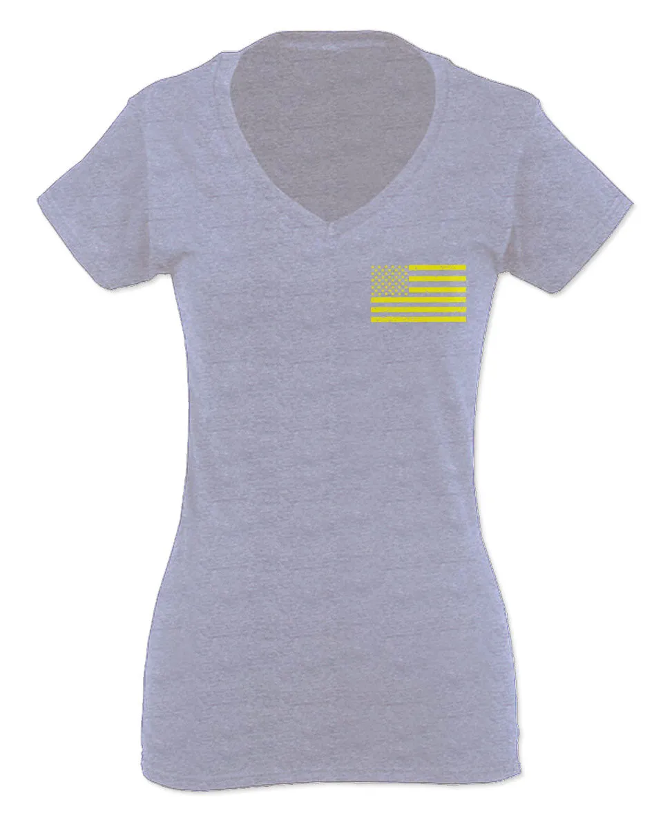 Yellow American Flag United States of America USA Military For Women V neck fitted T Shirt