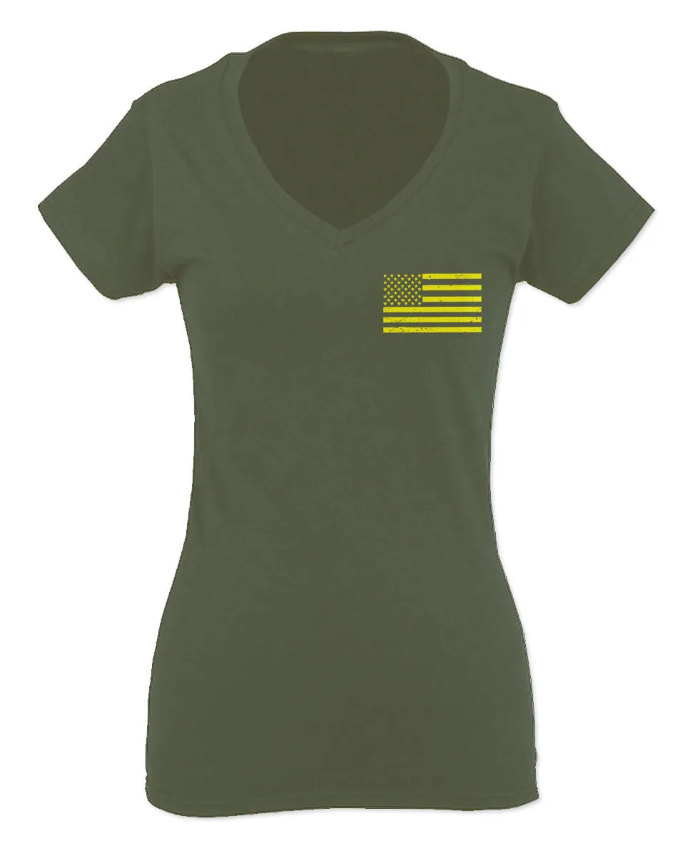 Yellow American Flag United States of America USA Military For Women V neck fitted T Shirt
