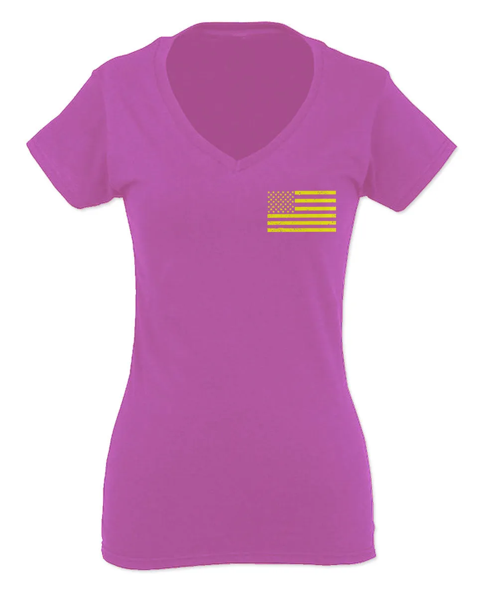 Yellow American Flag United States of America USA Military For Women V neck fitted T Shirt