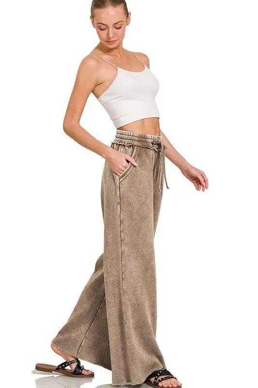 Zenana Full Size Acid Wash Fleece Palazzo Sweatpants with Pockets Plus SIze