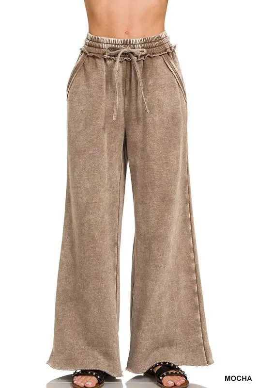 Zenana Full Size Acid Wash Fleece Palazzo Sweatpants with Pockets Plus SIze